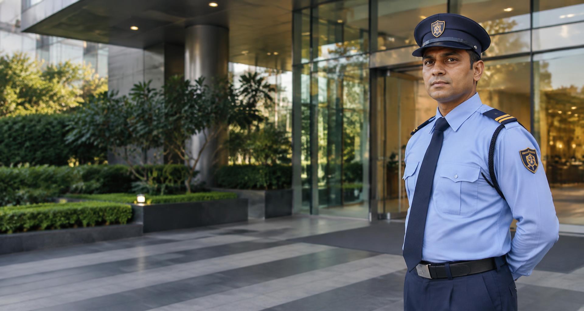 Professional security guard at a modern corporate entrance